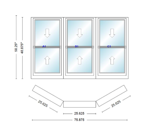 Andersen 400 Series Double Hung Bay Window 75 7/8" Wide Double Hung With Double Hung Flankers 30 Degree Angle Of Deflection Vinyl Exterior Wood Interior Low-E4 Dual Pane Argon Gas