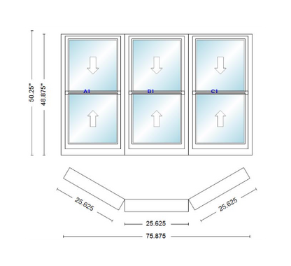 Andersen 400 Series Double Hung Bay Window 75 7/8" Wide Double Hung With Double Hung Flankers 30 Degree Angle Of Deflection Vinyl Exterior Wood Interior Low-E4 Dual Pane Argon Gas