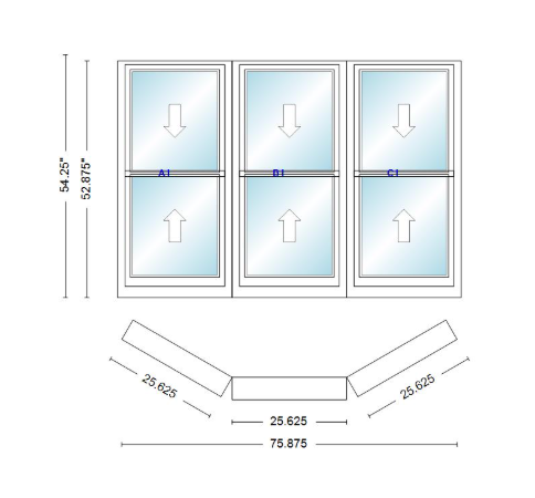 Andersen 400 Series Double Hung Bay Window 75 7/8" Wide Double Hung With Double Hung Flankers 30 Degree Angle Of Deflection Vinyl Exterior Wood Interior Low-E4 Dual Pane Argon Gas