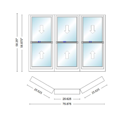 Andersen 400 Series Double Hung Bay Window 75 7/8" Wide Double Hung With Double Hung Flankers 30 Degree Angle Of Deflection Vinyl Exterior Wood Interior Low-E4 Dual Pane Argon Gas