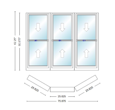 Andersen 400 Series Double Hung Bay Window 75 7/8" Wide Double Hung With Double Hung Flankers 30 Degree Angle Of Deflection Vinyl Exterior Wood Interior Low-E4 Dual Pane Argon Gas