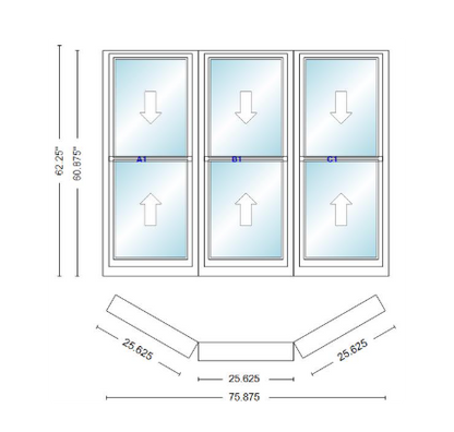 Andersen 400 Series Double Hung Bay Window 75 7/8" Wide Double Hung With Double Hung Flankers 30 Degree Angle Of Deflection Vinyl Exterior Wood Interior Low-E4 Dual Pane Argon Gas