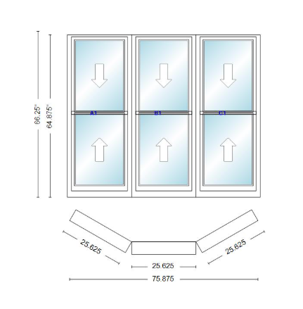 Andersen 400 Series Double Hung Bay Window 75 7/8" Wide Double Hung With Double Hung Flankers 30 Degree Angle Of Deflection Vinyl Exterior Wood Interior Low-E4 Dual Pane Argon Gas