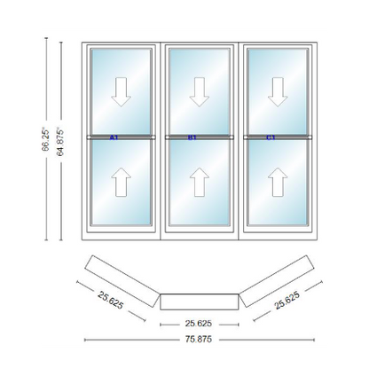 Andersen 400 Series Double Hung Bay Window 75 7/8" Wide Double Hung With Double Hung Flankers 30 Degree Angle Of Deflection Vinyl Exterior Wood Interior Low-E4 Dual Pane Argon Gas