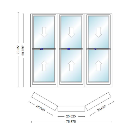 Andersen 400 Series Double Hung Bay Window 75 7/8" Wide Double Hung With Double Hung Flankers 30 Degree Angle Of Deflection Vinyl Exterior Wood Interior Low-E4 Dual Pane Argon Gas