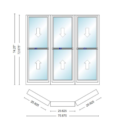 Andersen 400 Series Double Hung Bay Window 75 7/8" Wide Double Hung With Double Hung Flankers 30 Degree Angle Of Deflection Vinyl Exterior Wood Interior Low-E4 Dual Pane Argon Gas