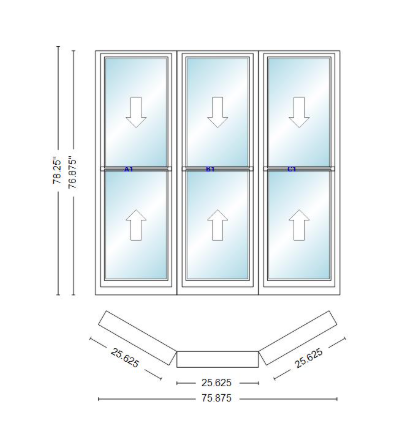 Andersen 400 Series Double Hung Bay Window 75 7/8" Wide Double Hung With Double Hung Flankers 30 Degree Angle Of Deflection Vinyl Exterior Wood Interior Low-E4 Dual Pane Argon Gas