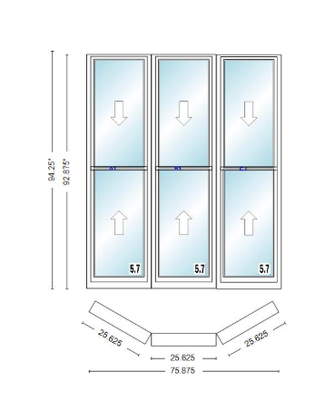 Andersen 400 Series Double Hung Bay Window 75 7/8" Wide Double Hung With Double Hung Flankers 30 Degree Angle Of Deflection Vinyl Exterior Wood Interior Low-E4 Dual Pane Argon Gas