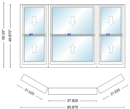 Andersen 400 Series Double Hung Bay Window 94 1/4" Wide Double Hung With Double Hung Flankers 30 Degree Angle Of Deflection Vinyl Exterior Wood Interior Low-E4 Dual Pane Argon Gas
