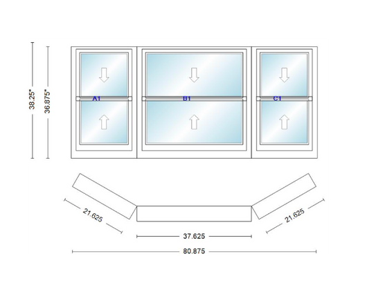 Andersen 400 Series Double Hung Bay Window 80 7/8" Wide Double Hung With Double Hung Flankers 30 Degree Angle Of Deflection Vinyl Exterior Wood Interior Low-E4 Dual Pane Argon Gas