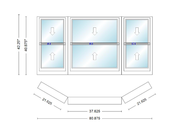 Andersen 400 Series Double Hung Bay Window 80 7/8" Wide Double Hung With Double Hung Flankers 30 Degree Angle Of Deflection Vinyl Exterior Wood Interior Low-E4 Dual Pane Argon Gas