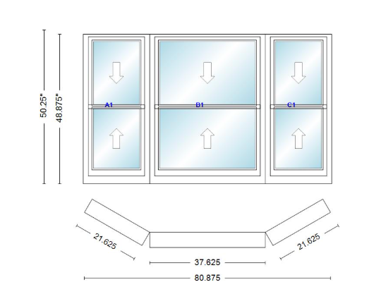 Andersen 400 Series Double Hung Bay Window 80 7/8" Wide Double Hung With Double Hung Flankers 30 Degree Angle Of Deflection Vinyl Exterior Wood Interior Low-E4 Dual Pane Argon Gas