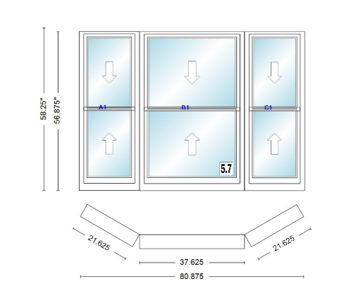 Andersen 400 Series Double Hung Bay Window 80 7/8" Wide Double Hung With Double Hung Flankers 30 Degree Angle Of Deflection Vinyl Exterior Wood Interior Low-E4 Dual Pane Argon Gas