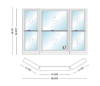 Andersen 400 Series Double Hung Bay Window 80 7/8" Wide Double Hung With Double Hung Flankers 30 Degree Angle Of Deflection Vinyl Exterior Wood Interior Low-E4 Dual Pane Argon Gas
