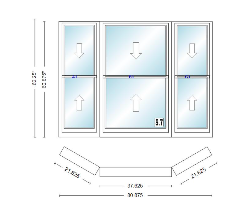 Andersen 400 Series Double Hung Bay Window 80 7/8" Wide Double Hung With Double Hung Flankers 30 Degree Angle Of Deflection Vinyl Exterior Wood Interior Low-E4 Dual Pane Argon Gas
