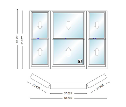 Andersen 400 Series Double Hung Bay Window 80 7/8" Wide Double Hung With Double Hung Flankers 30 Degree Angle Of Deflection Vinyl Exterior Wood Interior Low-E4 Dual Pane Argon Gas