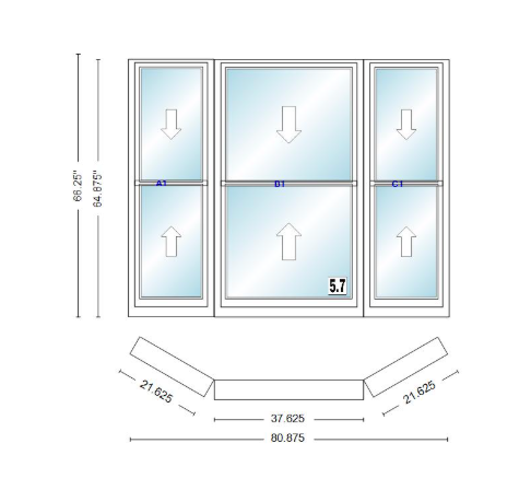 Andersen 400 Series Double Hung Bay Window 80 7/8" Wide Double Hung With Double Hung Flankers 30 Degree Angle Of Deflection Vinyl Exterior Wood Interior Low-E4 Dual Pane Argon Gas