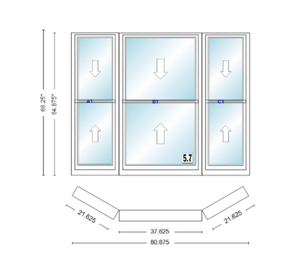 Andersen 400 Series Double Hung Bay Window 80 7/8" Wide Double Hung With Double Hung Flankers 30 Degree Angle Of Deflection Vinyl Exterior Wood Interior Low-E4 Dual Pane Argon Gas