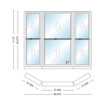 Andersen 400 Series Double Hung Bay Window 80 7/8" Wide Double Hung With Double Hung Flankers 30 Degree Angle Of Deflection Vinyl Exterior Wood Interior Low-E4 Dual Pane Argon Gas