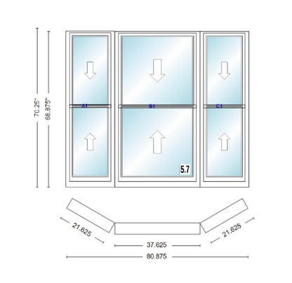 Andersen 400 Series Double Hung Bay Window 80 7/8" Wide Double Hung With Double Hung Flankers 30 Degree Angle Of Deflection Vinyl Exterior Wood Interior Low-E4 Dual Pane Argon Gas
