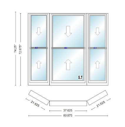 Andersen 400 Series Double Hung Bay Window 80 7/8" Wide Double Hung With Double Hung Flankers 30 Degree Angle Of Deflection Vinyl Exterior Wood Interior Low-E4 Dual Pane Argon Gas
