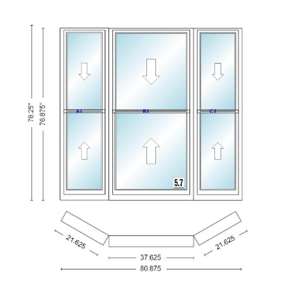 Andersen 400 Series Double Hung Bay Window 80 7/8" Wide Double Hung With Double Hung Flankers 30 Degree Angle Of Deflection Vinyl Exterior Wood Interior Low-E4 Dual Pane Argon Gas