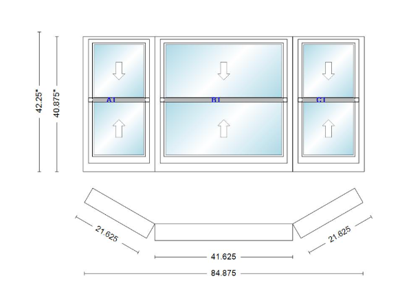 Andersen 400 Series Double Hung Bay Window 84 7/8" Wide Double Hung With Double Hung Flankers 30 Degree Angle Of Deflection Vinyl Exterior Wood Interior Low-E4 Dual Pane Argon Gas