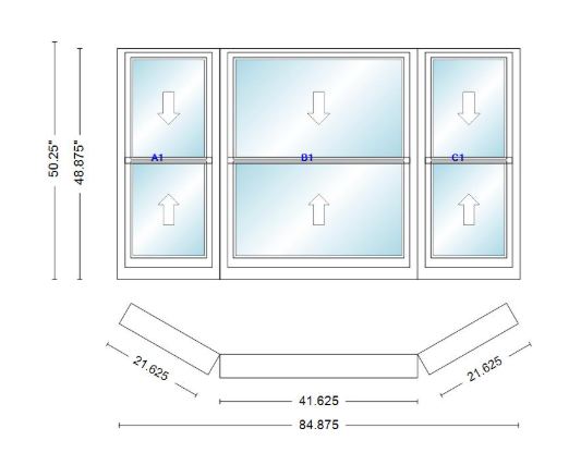 Andersen 400 Series Double Hung Bay Window 84 7/8" Wide Double Hung With Double Hung Flankers 30 Degree Angle Of Deflection Vinyl Exterior Wood Interior Low-E4 Dual Pane Argon Gas