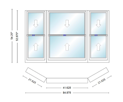 Andersen 400 Series Double Hung Bay Window 84 7/8" Wide Double Hung With Double Hung Flankers 30 Degree Angle Of Deflection Vinyl Exterior Wood Interior Low-E4 Dual Pane Argon Gas