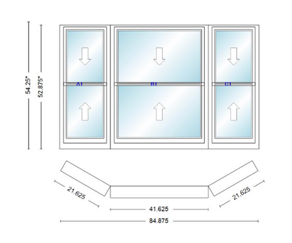 Andersen 400 Series Double Hung Bay Window 84 7/8" Wide Double Hung With Double Hung Flankers 30 Degree Angle Of Deflection Vinyl Exterior Wood Interior Low-E4 Dual Pane Argon Gas