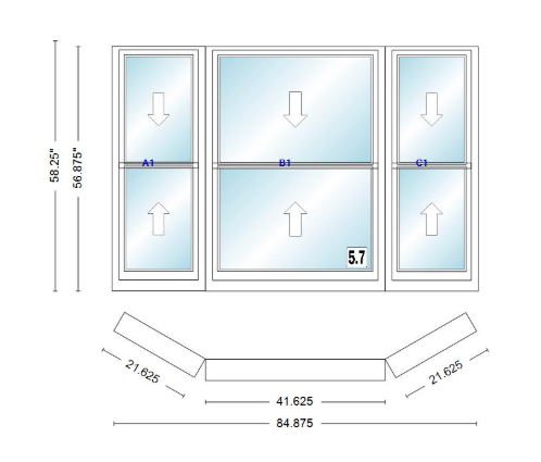 Andersen 400 Series Double Hung Bay Window 84 7/8" Wide Double Hung With Double Hung Flankers 30 Degree Angle Of Deflection Vinyl Exterior Wood Interior Low-E4 Dual Pane Argon Gas
