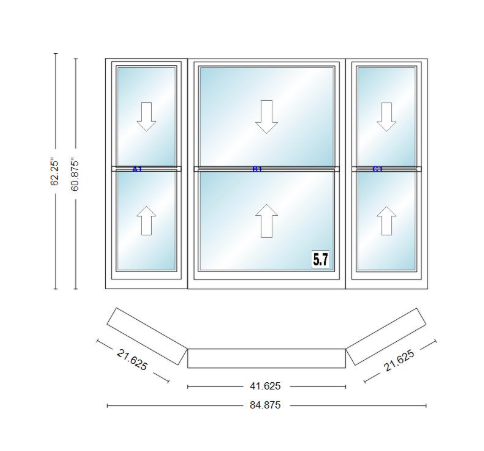 Andersen 400 Series Double Hung Bay Window 84 7/8" Wide Double Hung With Double Hung Flankers 30 Degree Angle Of Deflection Vinyl Exterior Wood Interior Low-E4 Dual Pane Argon Gas