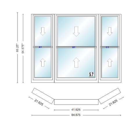 Andersen 400 Series Double Hung Bay Window 84 7/8" Wide Double Hung With Double Hung Flankers 30 Degree Angle Of Deflection Vinyl Exterior Wood Interior Low-E4 Dual Pane Argon Gas