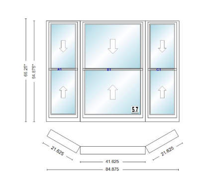 Andersen 400 Series Double Hung Bay Window 84 7/8" Wide Double Hung With Double Hung Flankers 30 Degree Angle Of Deflection Vinyl Exterior Wood Interior Low-E4 Dual Pane Argon Gas