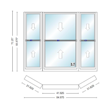 Andersen 400 Series Double Hung Bay Window 84 7/8" Wide Double Hung With Double Hung Flankers 30 Degree Angle Of Deflection Vinyl Exterior Wood Interior Low-E4 Dual Pane Argon Gas