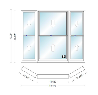 Andersen 400 Series Double Hung Bay Window 84 7/8" Wide Double Hung With Double Hung Flankers 30 Degree Angle Of Deflection Vinyl Exterior Wood Interior Low-E4 Dual Pane Argon Gas