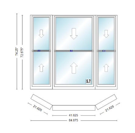 Andersen 400 Series Double Hung Bay Window 84 7/8" Wide Double Hung With Double Hung Flankers 30 Degree Angle Of Deflection Vinyl Exterior Wood Interior Low-E4 Dual Pane Argon Gas