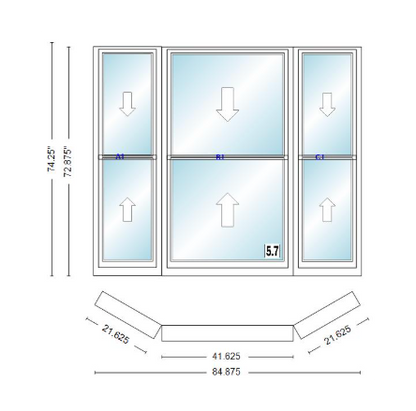 Andersen 400 Series Double Hung Bay Window 84 7/8" Wide Double Hung With Double Hung Flankers 30 Degree Angle Of Deflection Vinyl Exterior Wood Interior Low-E4 Dual Pane Argon Gas