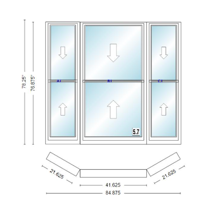 Andersen 400 Series Double Hung Bay Window 84 7/8" Wide Double Hung With Double Hung Flankers 30 Degree Angle Of Deflection Vinyl Exterior Wood Interior Low-E4 Dual Pane Argon Gas
