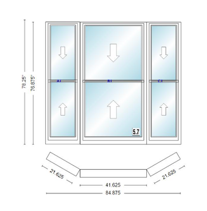 Andersen 400 Series Double Hung Bay Window 84 7/8" Wide Double Hung With Double Hung Flankers 30 Degree Angle Of Deflection Vinyl Exterior Wood Interior Low-E4 Dual Pane Argon Gas