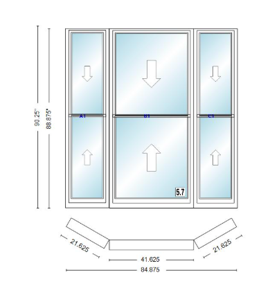 Andersen 400 Series Double Hung Bay Window 84 7/8" Wide Double Hung With Double Hung Flankers 30 Degree Angle Of Deflection Vinyl Exterior Wood Interior Low-E4 Dual Pane Argon Gas