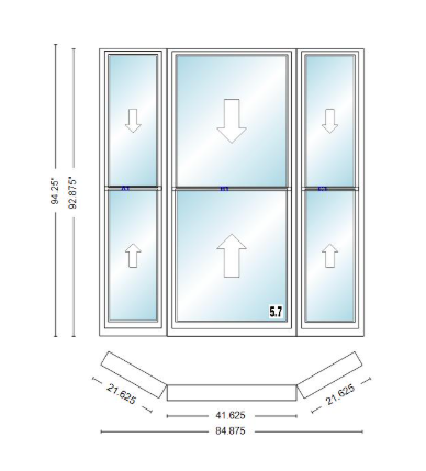 Andersen 400 Series Double Hung Bay Window 84 7/8" Wide Double Hung With Double Hung Flankers 30 Degree Angle Of Deflection Vinyl Exterior Wood Interior Low-E4 Dual Pane Argon Gas