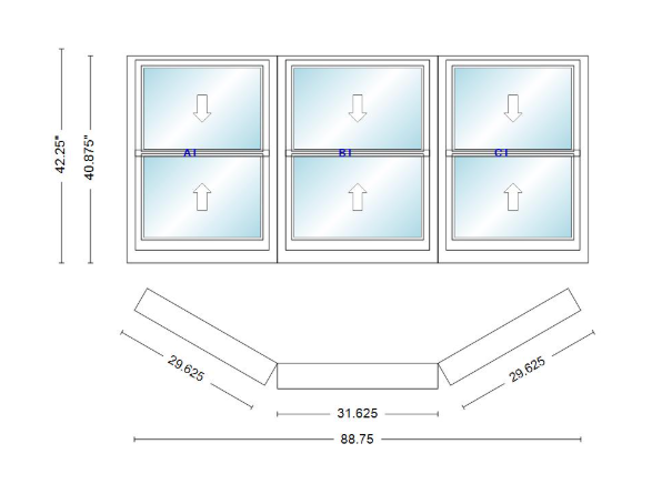 Andersen 400 Series Double Hung Bay Window 88 3/4" Wide Double Hung With Double Hung Flankers 30 Degree Angle Of Deflection Vinyl Exterior Wood Interior Low-E4 Dual Pane Argon Gas