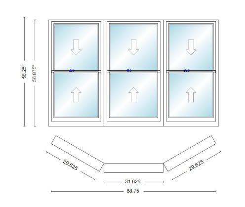 Andersen 400 Series Double Hung Bay Window 88 3/4" Wide Double Hung With Double Hung Flankers 30 Degree Angle Of Deflection Vinyl Exterior Wood Interior Low-E4 Dual Pane Argon Gas