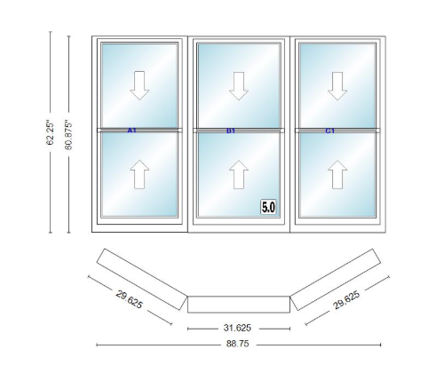 Andersen 400 Series Double Hung Bay Window 88 3/4" Wide Double Hung With Double Hung Flankers 30 Degree Angle Of Deflection Vinyl Exterior Wood Interior Low-E4 Dual Pane Argon Gas