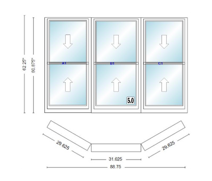 Andersen 400 Series Double Hung Bay Window 88 3/4" Wide Double Hung With Double Hung Flankers 30 Degree Angle Of Deflection Vinyl Exterior Wood Interior Low-E4 Dual Pane Argon Gas