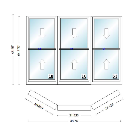 Andersen 400 Series Double Hung Bay Window 88 3/4" Wide Double Hung With Double Hung Flankers 30 Degree Angle Of Deflection Vinyl Exterior Wood Interior Low-E4 Dual Pane Argon Gas