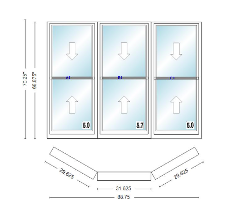 Andersen 400 Series Double Hung Bay Window 88 3/4" Wide Double Hung With Double Hung Flankers 30 Degree Angle Of Deflection Vinyl Exterior Wood Interior Low-E4 Dual Pane Argon Gas