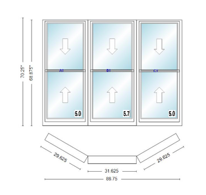 Andersen 400 Series Double Hung Bay Window 88 3/4" Wide Double Hung With Double Hung Flankers 30 Degree Angle Of Deflection Vinyl Exterior Wood Interior Low-E4 Dual Pane Argon Gas