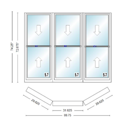 Andersen 400 Series Double Hung Bay Window 88 3/4" Wide Double Hung With Double Hung Flankers 30 Degree Angle Of Deflection Vinyl Exterior Wood Interior Low-E4 Dual Pane Argon Gas
